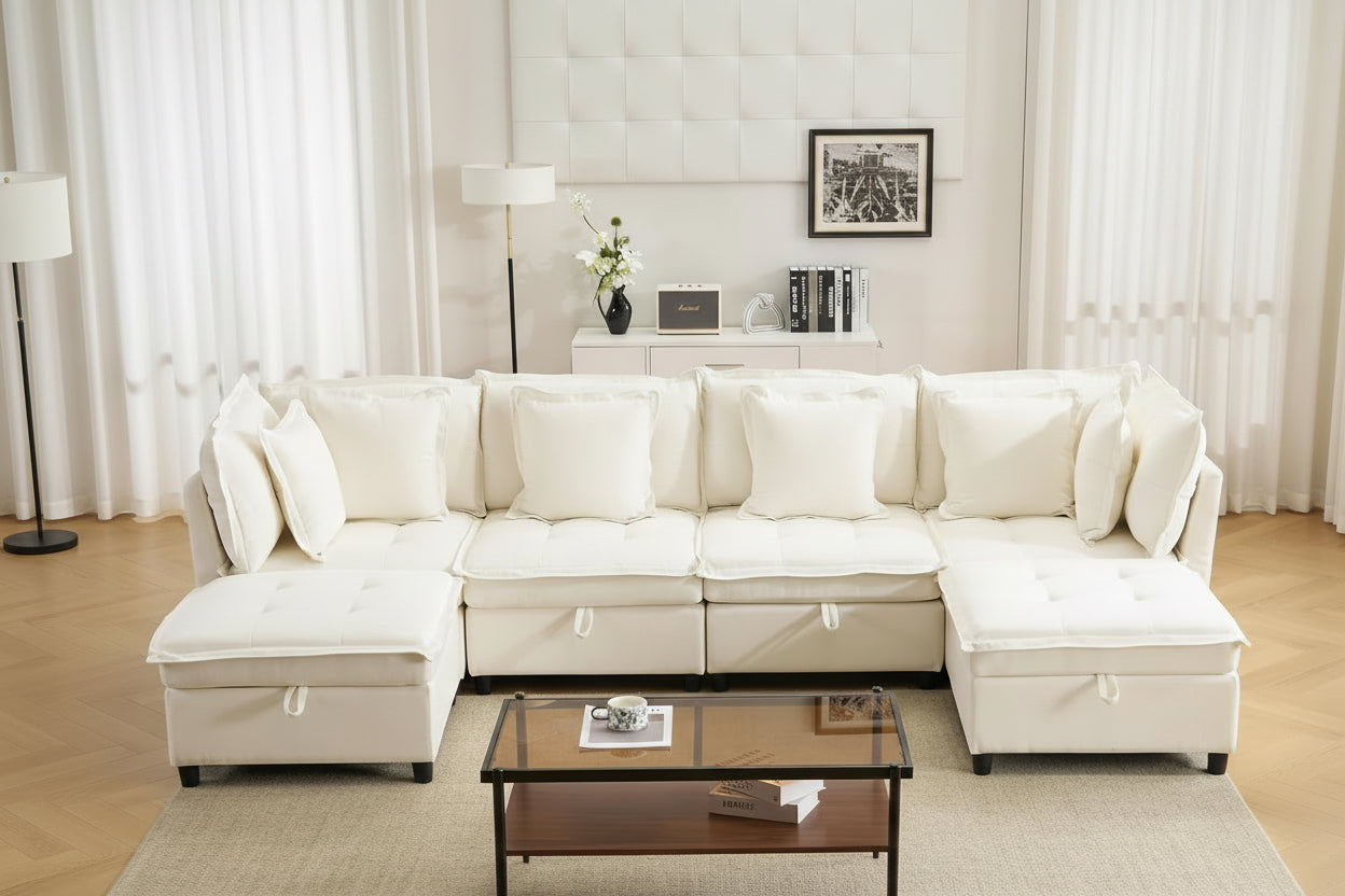 White sectional sofa with features highlighted on a neutral background