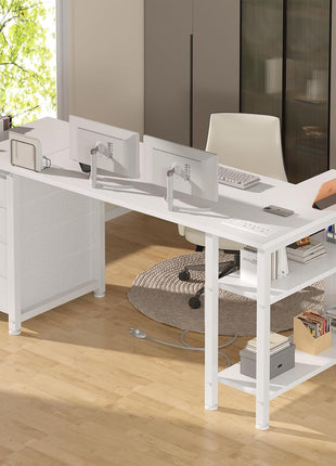 White L Shaped Desk with Drawers & Storage Shelves, 55 Inch Corner Computer Desk with Power Outlet for Home Office Bedroom, L-Shaped Teen PC Desks with Fabric Drawer, White-4