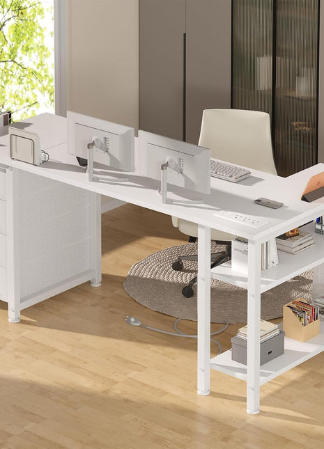 White L Shaped Desk with Drawers & Storage Shelves, 55 Inch Corner Computer Desk with Power Outlet for Home Office Bedroom, L-Shaped Teen PC Desks with Fabric Drawer, White-4