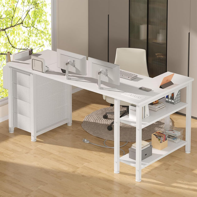 White L Shaped Desk with Drawers & Storage Shelves, 55 Inch Corner Computer Desk with Power Outlet for Home Office Bedroom, L-Shaped Teen PC Desks with Fabric Drawer, White-4