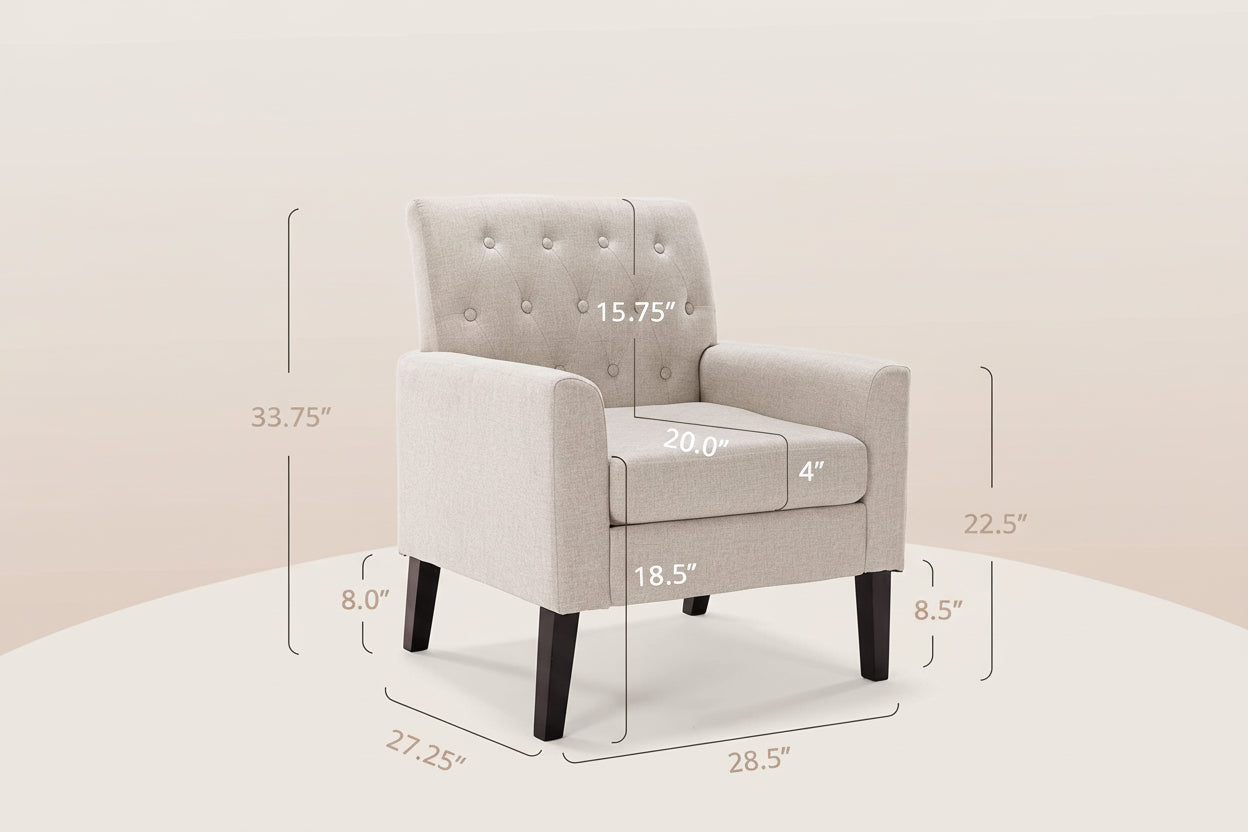 Gray armchair with measurements and maximum weight capacity displayed on a beige background
