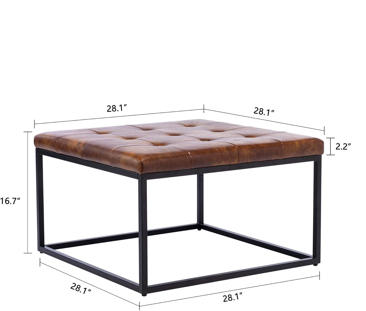 Brown leather ottoman with dimensions and maximum load capacity on a white background