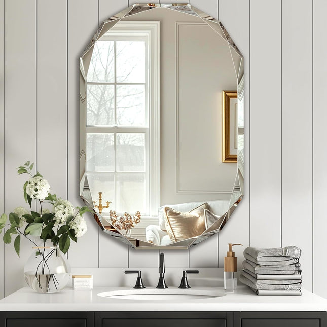 Bathroom Mirror for Wall, 24" X 36" Oval Mirror, Bathroom Vanity Mirror, Beveled Edge Frameless Wall Mount Vanity Mirror, Wall Mirror Decorative, Irregular Beveled Edge Mirror
