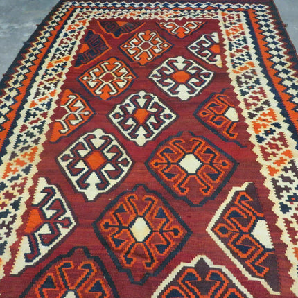 5' X 10' Antique Turkish Kilim Handmade Flat Weave Wool Rug Red Colorful Veg Dye Bohemian Boho Chic Tribal Style And Design