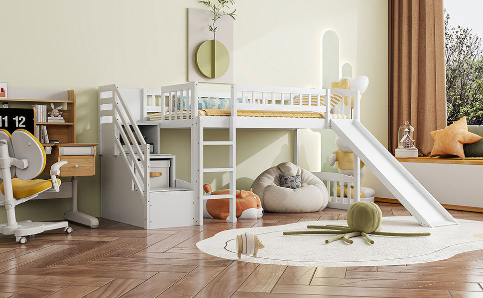 Stairway Twin Size Loft Bed with Two Drawers and Slide