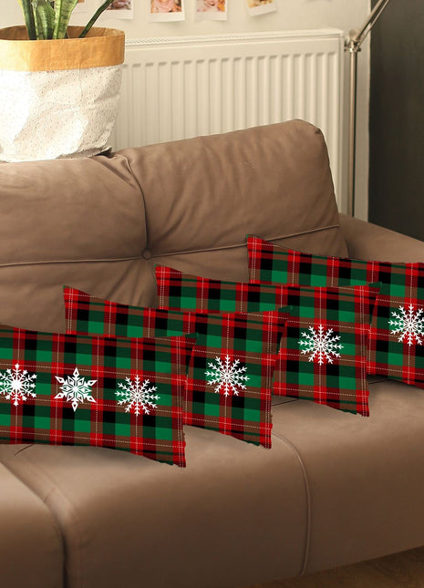 Set of 4 Christmas Snowflake Trio Plaid Lumbar Throw Pillows-1