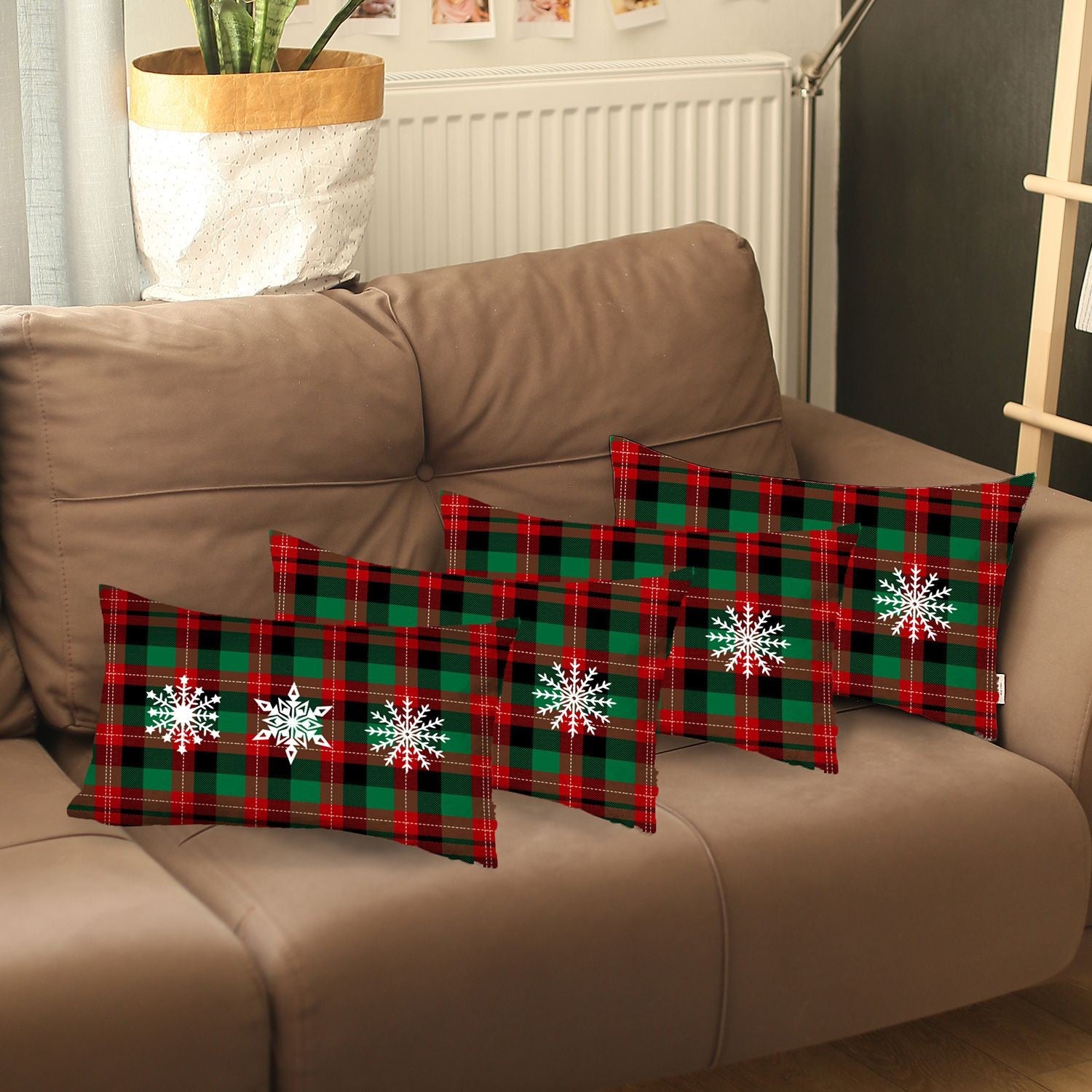 Set of 4 Christmas Snowflake Trio Plaid Lumbar Throw Pillows-1
