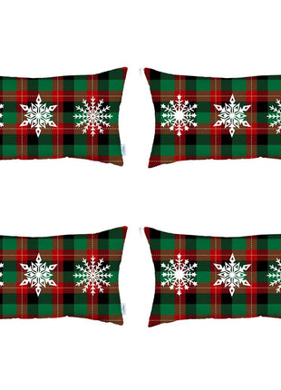 Set of 4 Christmas Snowflake Trio Plaid Lumbar Throw Pillows-2