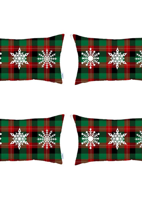 Set of 4 Christmas Snowflake Trio Plaid Lumbar Throw Pillows-2