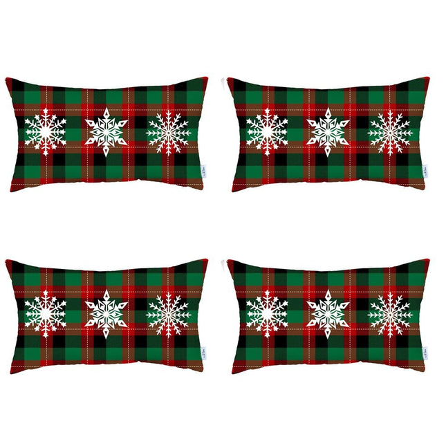 Set of 4 Christmas Snowflake Trio Plaid Lumbar Throw Pillows-2