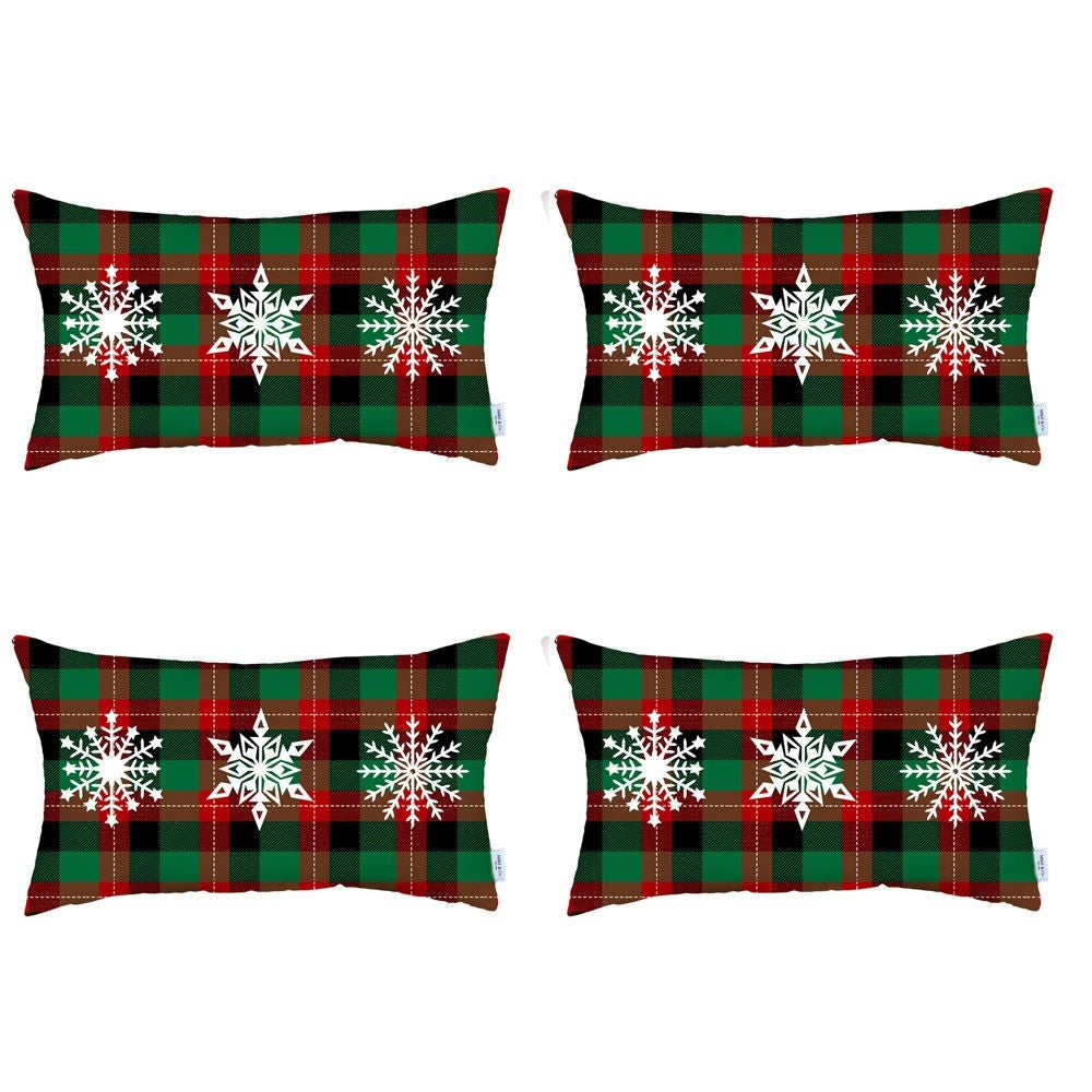 Set of 4 Christmas Snowflake Trio Plaid Lumbar Throw Pillows-2