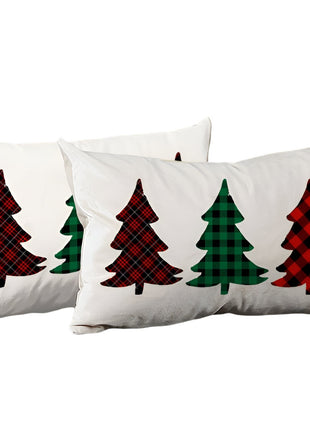 Set of 2 Christmas Tree Trio Plaid Lumbar Throw Pillows-1