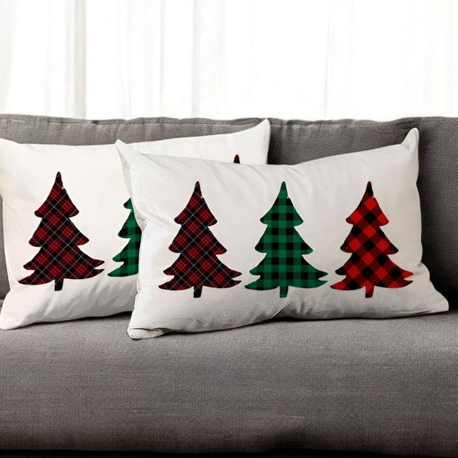 Set of 2 Christmas Tree Trio Plaid Lumbar Throw Pillows-0