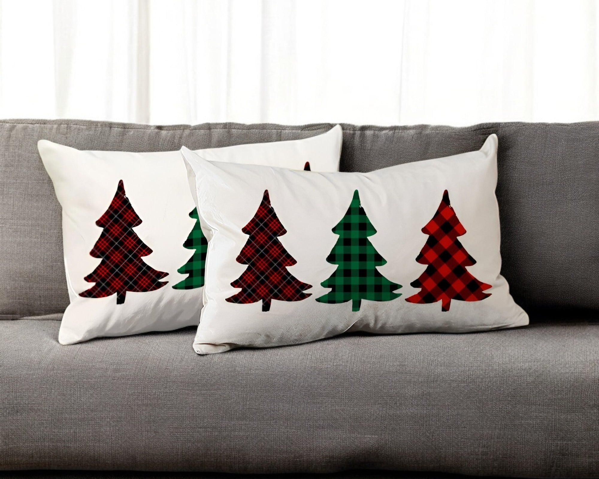 Set of 2 Christmas Tree Trio Plaid Lumbar Throw Pillows-0