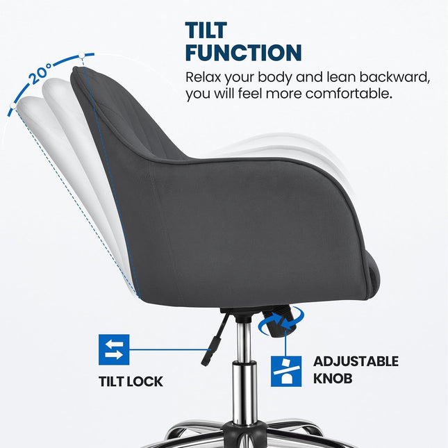 Modern Velvet Desk Chair Soft Height-Adjustable Swivel Computer Chair for Makeup Room Living Room Bedroom Soft Upholstered Office Chair Gray-3
