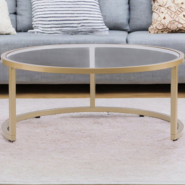 Set of Two Gold Glass Round Nested Coffee Tables-2