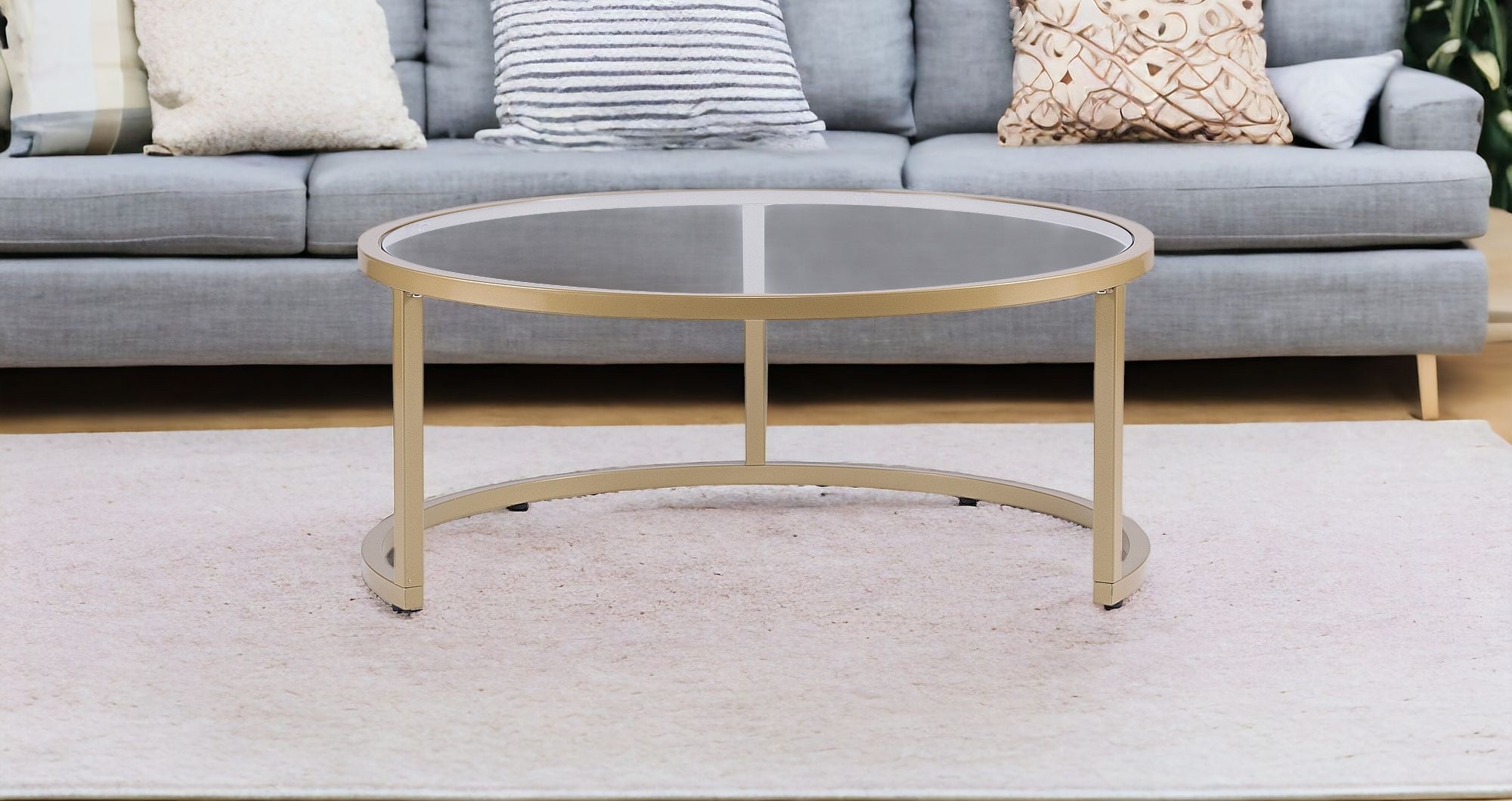 Set of Two Gold Glass Round Nested Coffee Tables-2
