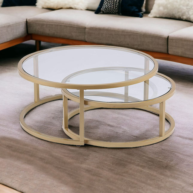 Set of Two Gold Glass Round Nested Coffee Tables-1