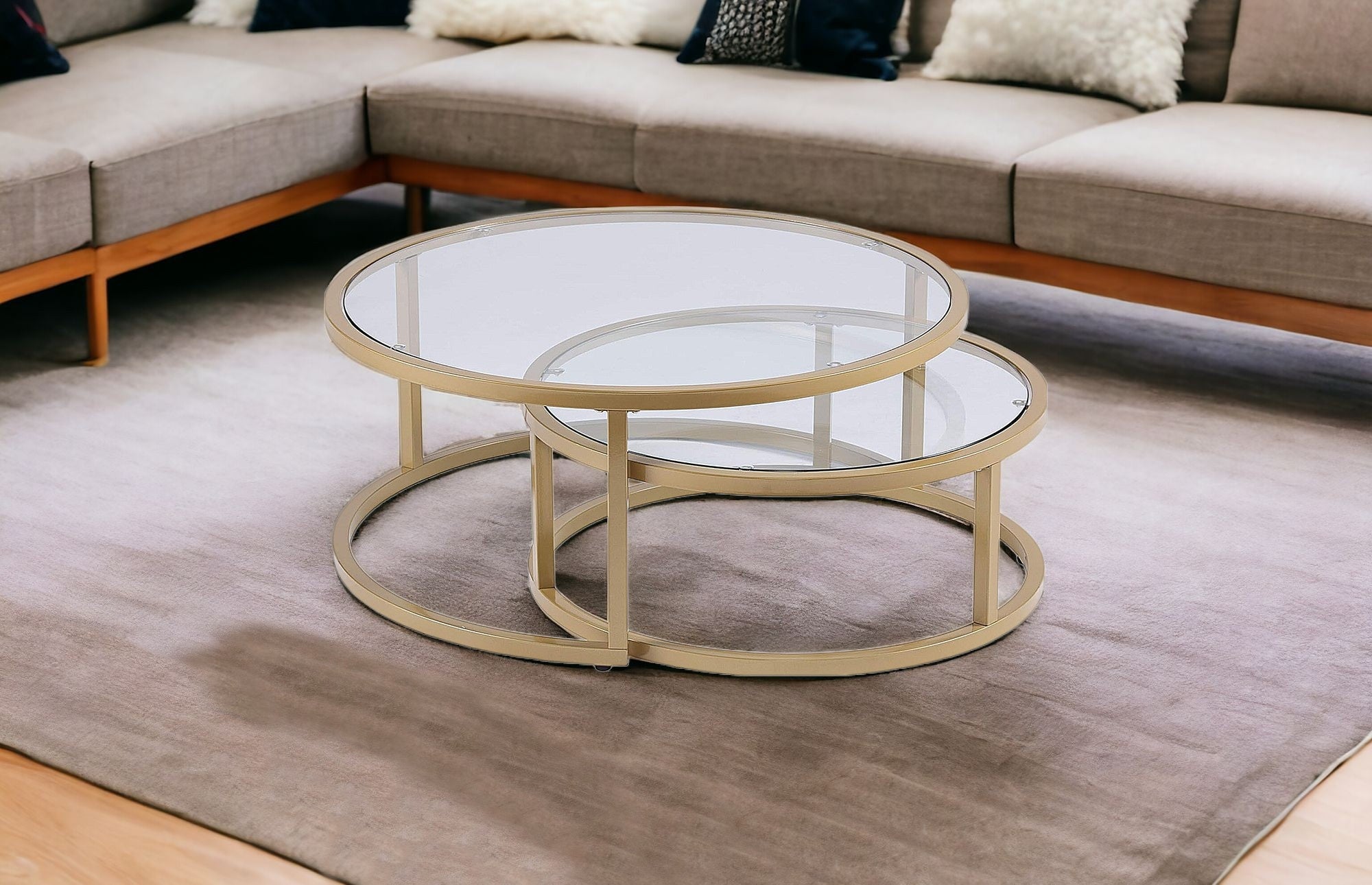 Set of Two Gold Glass Round Nested Coffee Tables-1