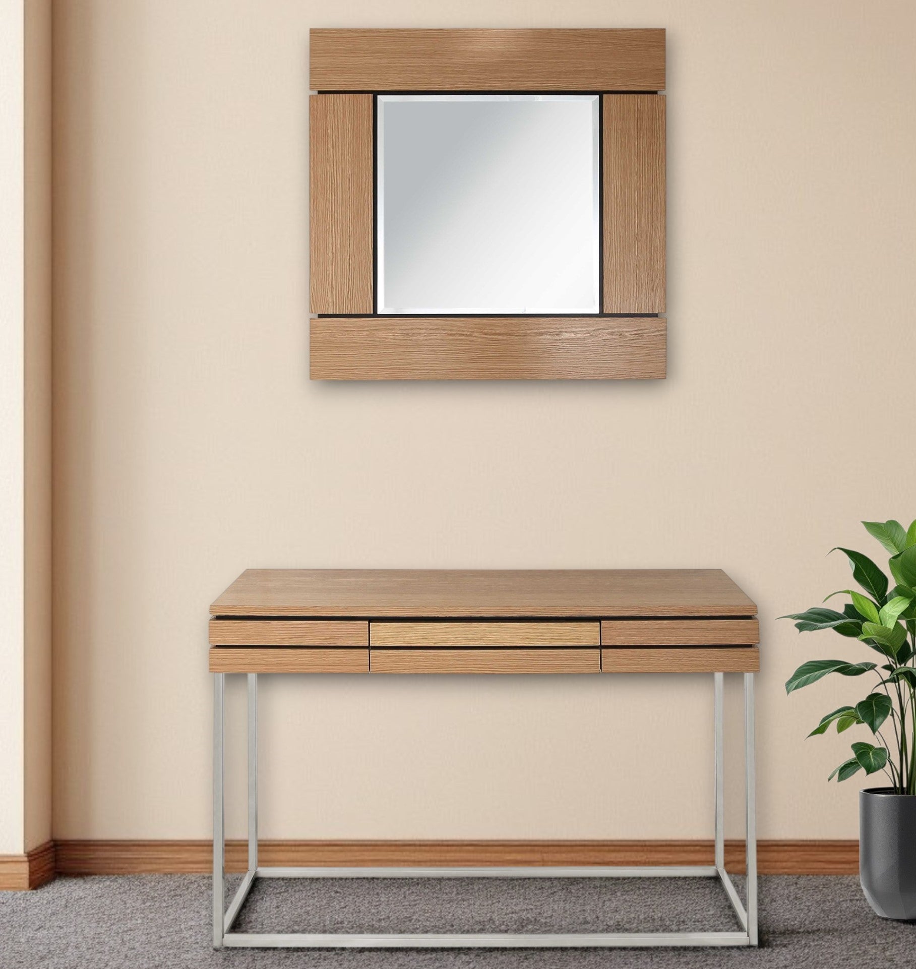 Wooden console table with mirror above it against a beige wall.