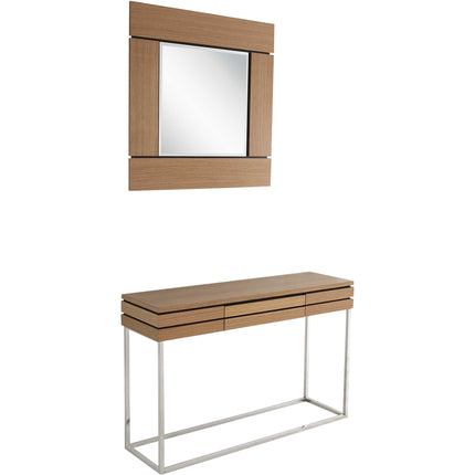 Wooden console table with mirror on a white background