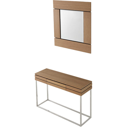 Wooden console table with mirror on a white background