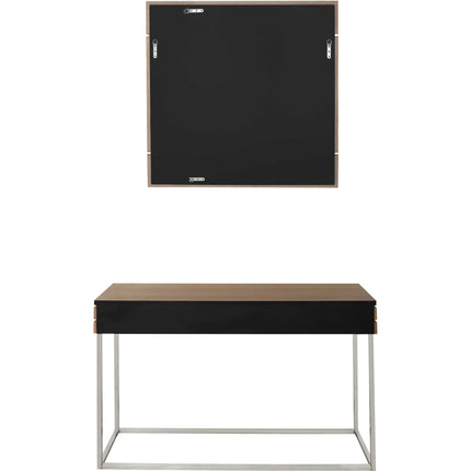 Black and wood desk with a blackboard on a white background