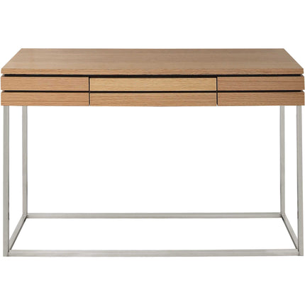 Wooden desk with metal frame on a white background