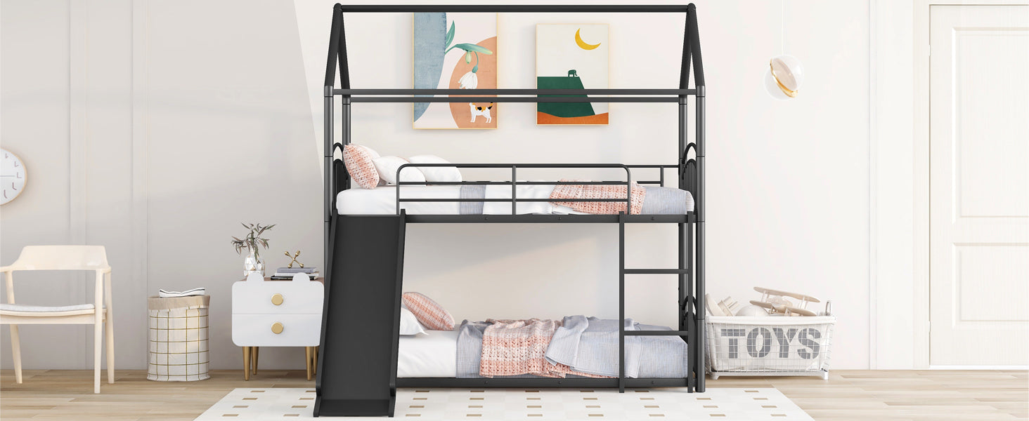 Twin Over Twin Metal Bunk Bed With Slide, Kids House Bed