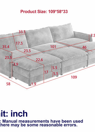 Corduroy fabric 3-seater comfortable cloud sofa with 3 movable footrests for living room, oversized deep-seat recliner, upholstered large-size deep-seat sofa with 3 cushions-1