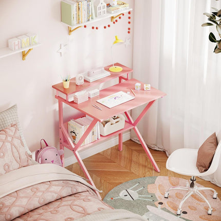 Small Desk, 27.5 Inch Small Computer Desk for Small Spaces, Compact Desk with Storage, Tiny Desk Study Desk with Monitor Stand for Home Office, Pink-4