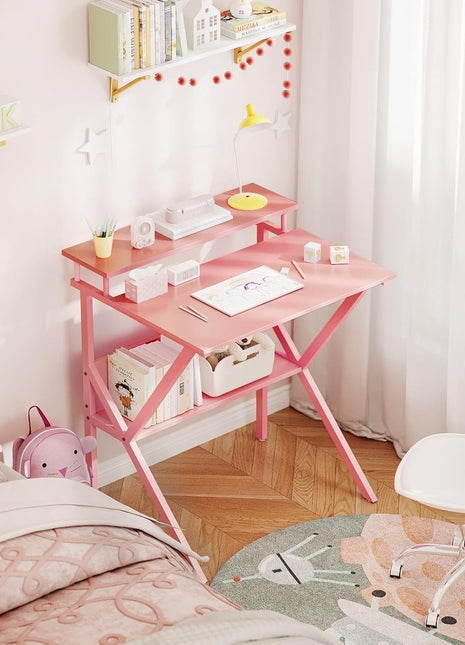 Small Desk, 27.5 Inch Small Computer Desk for Small Spaces, Compact Desk with Storage, Tiny Desk Study Desk with Monitor Stand for Home Office, Pink-4