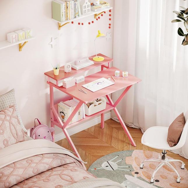 Small Desk, 27.5 Inch Small Computer Desk for Small Spaces, Compact Desk with Storage, Tiny Desk Study Desk with Monitor Stand for Home Office, Pink-4