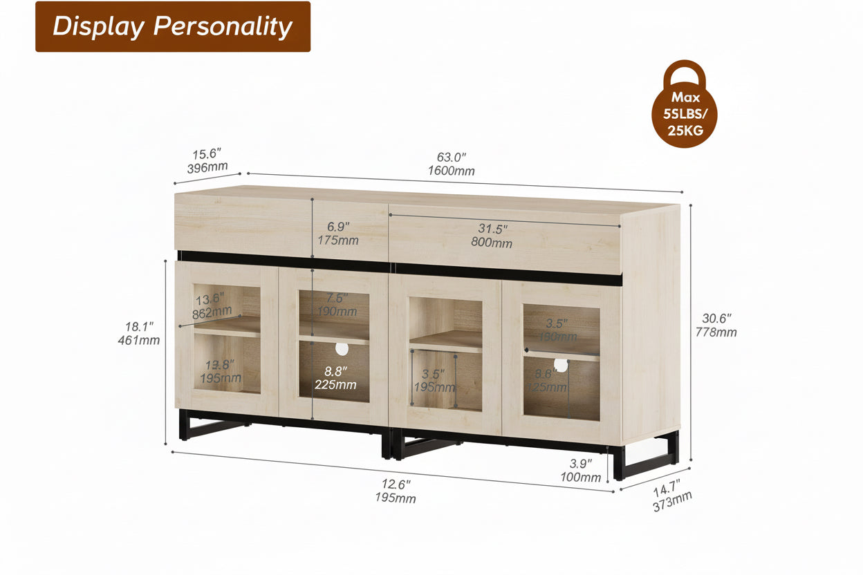 Wooden entertainment console with dimensions and weight capacity on a white background