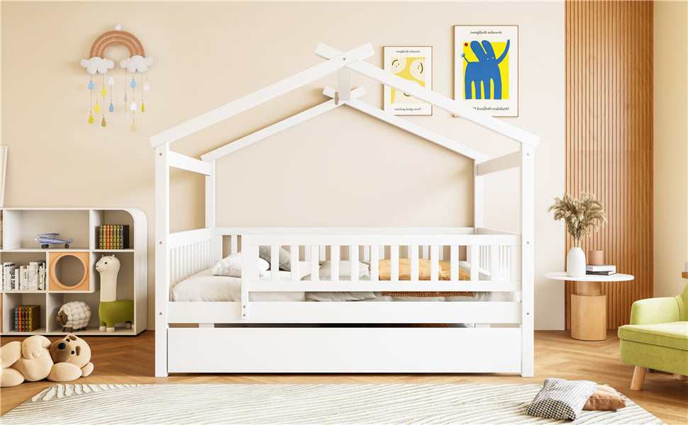 Full Size Wooden House Bed with Twin Size Trundle