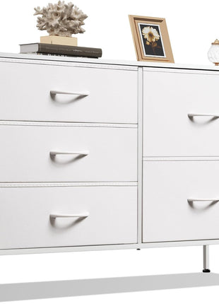 Dresser for Bedroom with 5 Drawers, Wide Bedroom Dresser with Drawer Organizers, Chest of Drawers, Fabric Dresser for Living Room, Closet, Hallway, White