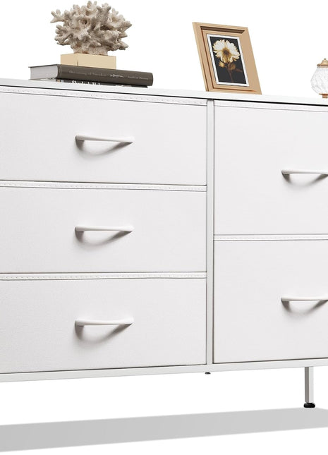 Dresser for Bedroom with 5 Drawers, Wide Bedroom Dresser with Drawer Organizers, Chest of Drawers, Fabric Dresser for Living Room, Closet, Hallway, White