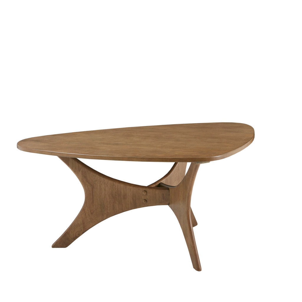 Wooden dining table with unique design on a white background