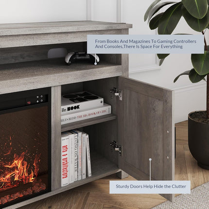 Barn Door Wood Electric Fireplace TV Stand for Tvs up to 65 Inches Open Shelves and Cabinets Media Entertainment Center Console Table - Corin (Gray Wash)