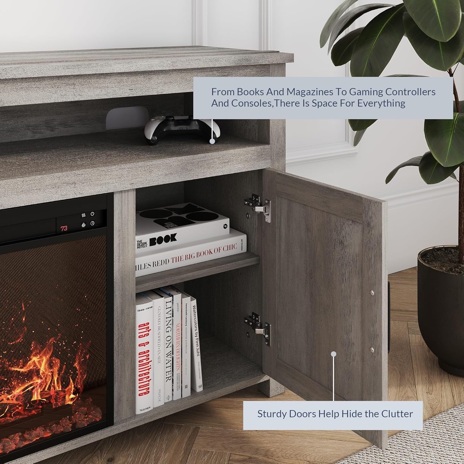 Wooden entertainment console with open doors displaying books and a fireplace, with text about storage solutions.