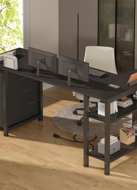 L Shaped Gaming Desk with Drawers & Storage Shelves, 55 Inch Corner Computer Desk with Power Outlet for Home Office Bedroom, L-Shaped Teen PC Desks with Fabric Drawer, Black-3