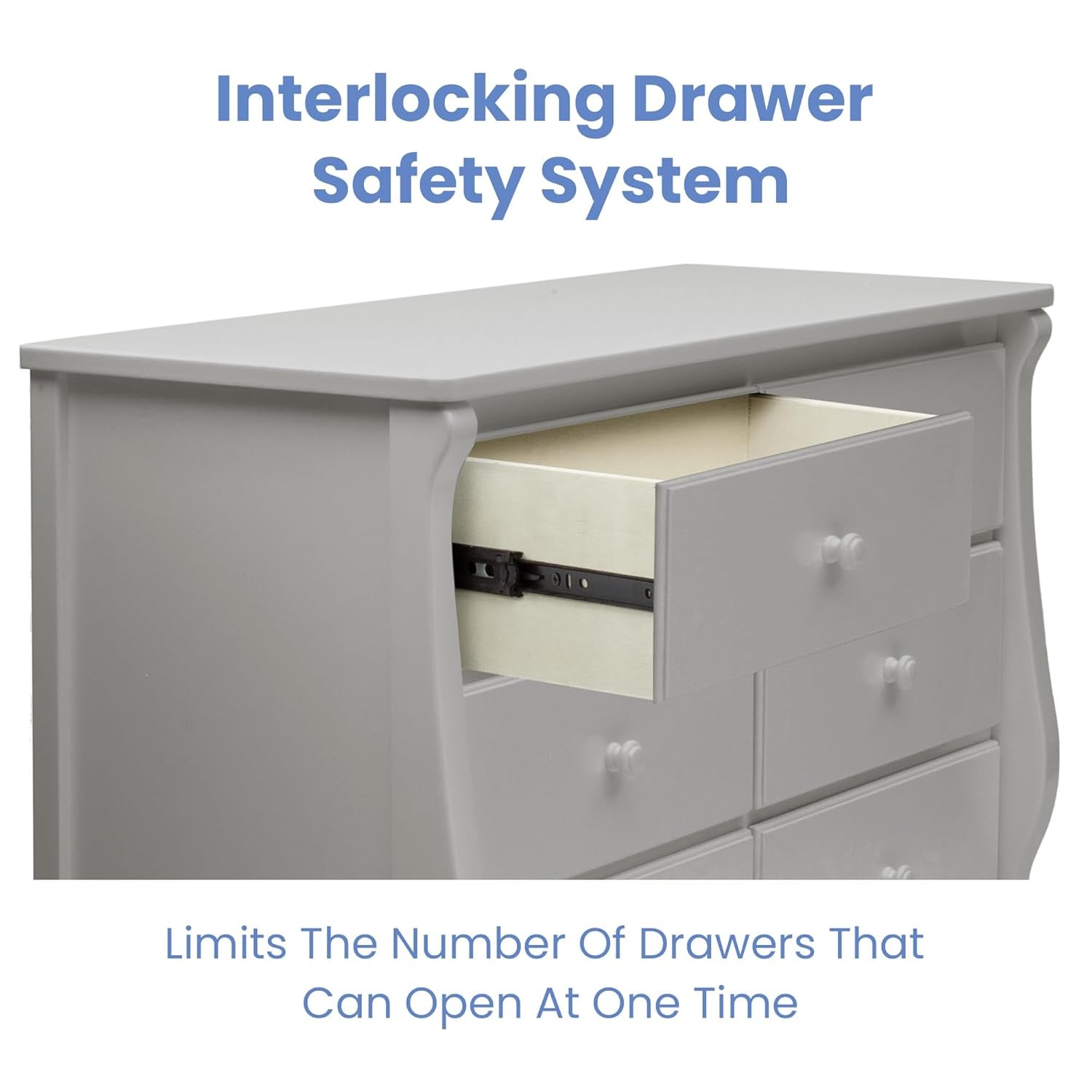 Gray dresser with open drawer displaying interlocking drawer safety system, text on a white background.