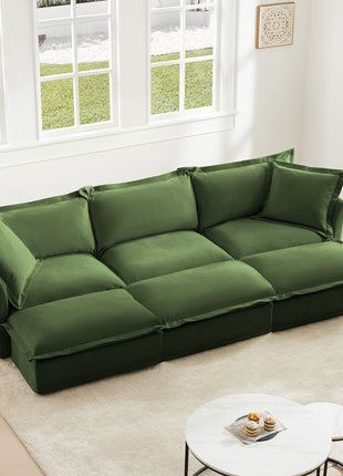 Living Room Sofa Slipcovered Sofa 3 Seater Sofa With 3 Ottomans, Oversized 3-Seat Sleeper Sofa Bed Home Theater Sofa,  Chenille, Green