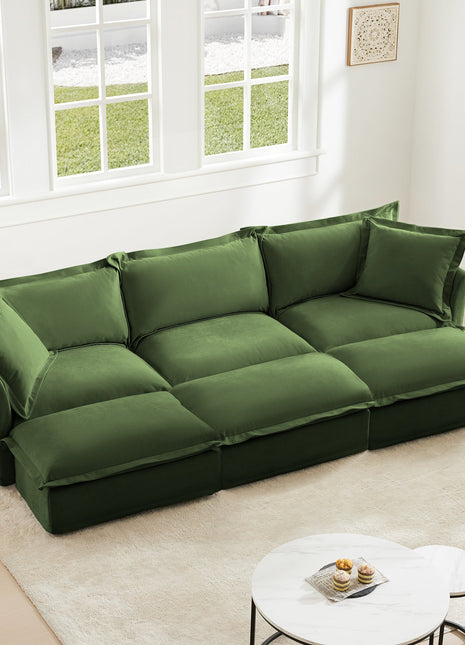 Living Room Sofa Slipcovered Sofa 3 Seater Sofa With 3 Ottomans, Oversized 3-Seat Sleeper Sofa Bed Home Theater Sofa,  Chenille, Green