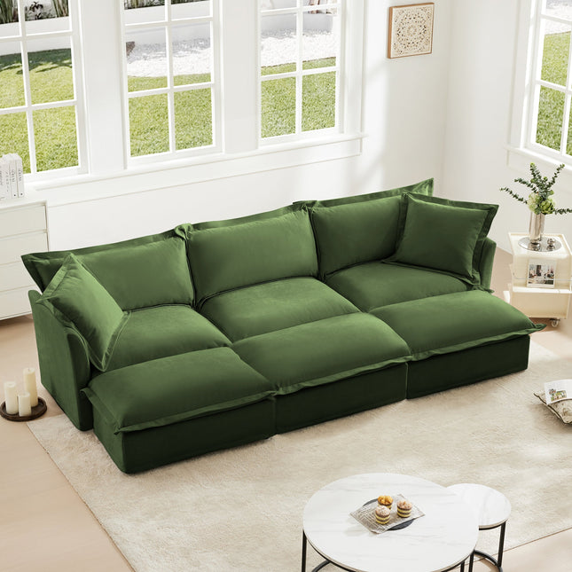 Green Chenille 3-Seat Sleeper Sofa with Ottomans