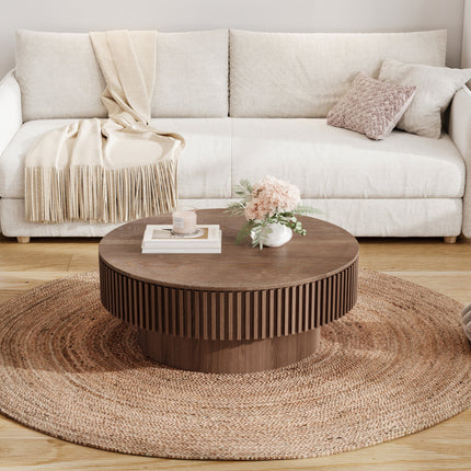 31.5'' Round Coffee Table with Storage Solid Wood Veneered Modern Coffee Table Accent Tea Table for Living Room, Bedroom, Apartment or Office, Walnut-4