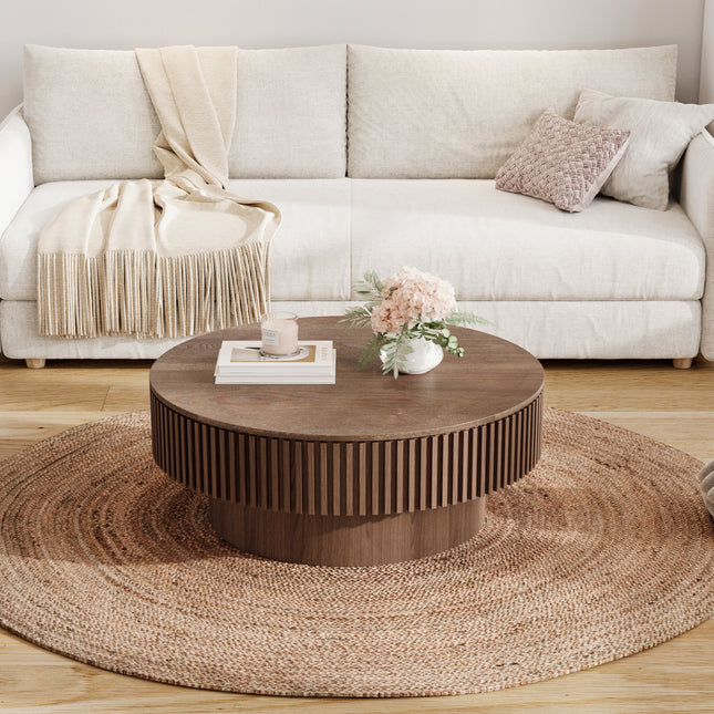 31.5'' Round Coffee Table with Storage Solid Wood Veneered Modern Coffee Table Accent Tea Table for Living Room, Bedroom, Apartment or Office, Walnut-4
