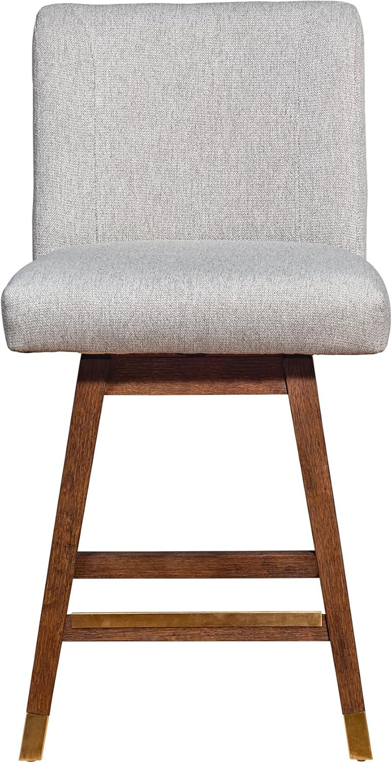 Bar stool with gray upholstered seat and wooden legs on a white background