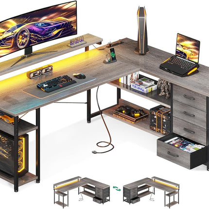 61" L Shaped Desk with Drawer, Computer Desk with Power Outlets & LED Lights, Reversible Corner Gaming Desk for Home Office Workstation, Office Desk with Monitor Shelf, Gray-0