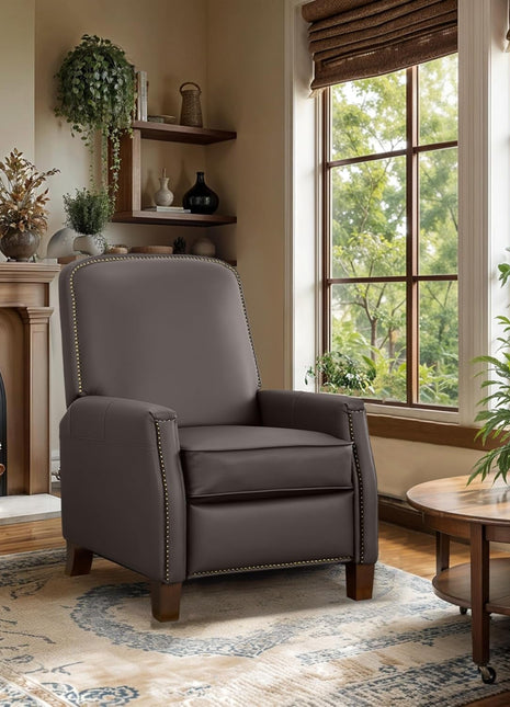 Recliner Chair, Mid-Century Modern Pushback Chair for Bedroom, Adjustable Single Upholstered Sofa with Brass Nailhead Trim, Faux Leather Recliners Armchair for Living Room, Saddle Brown-0